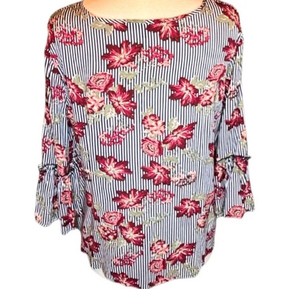 Fred & David Colorful Medium Floral Stripped 3/4 Sleeve Flowy Relaxed Festive - Picture 1 of 10